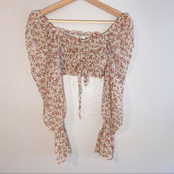 Micro Floral Smocked Crop Long Sleeve Top - Picture 2 of 5